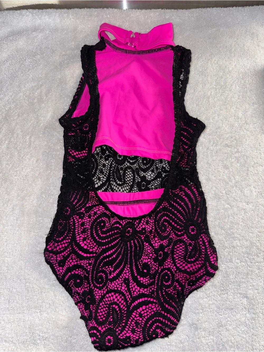 Kandi Kouture Hot Pink  Lace Leotard  with Black Mesh. Size Child Small (4/5)
